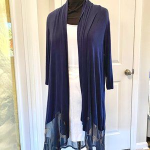 LAVANYA 3X Navy Rayon knit Hi-Lo Duster w/Luxurious embroidered chiffon panel